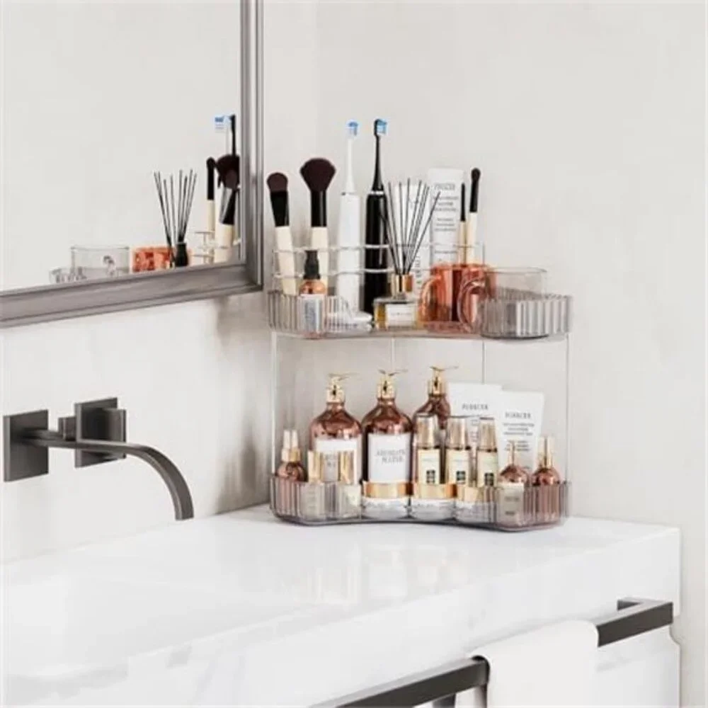 2 Tier Corner Bathroom Counter Organizer Makeup Skincare Brush Holder